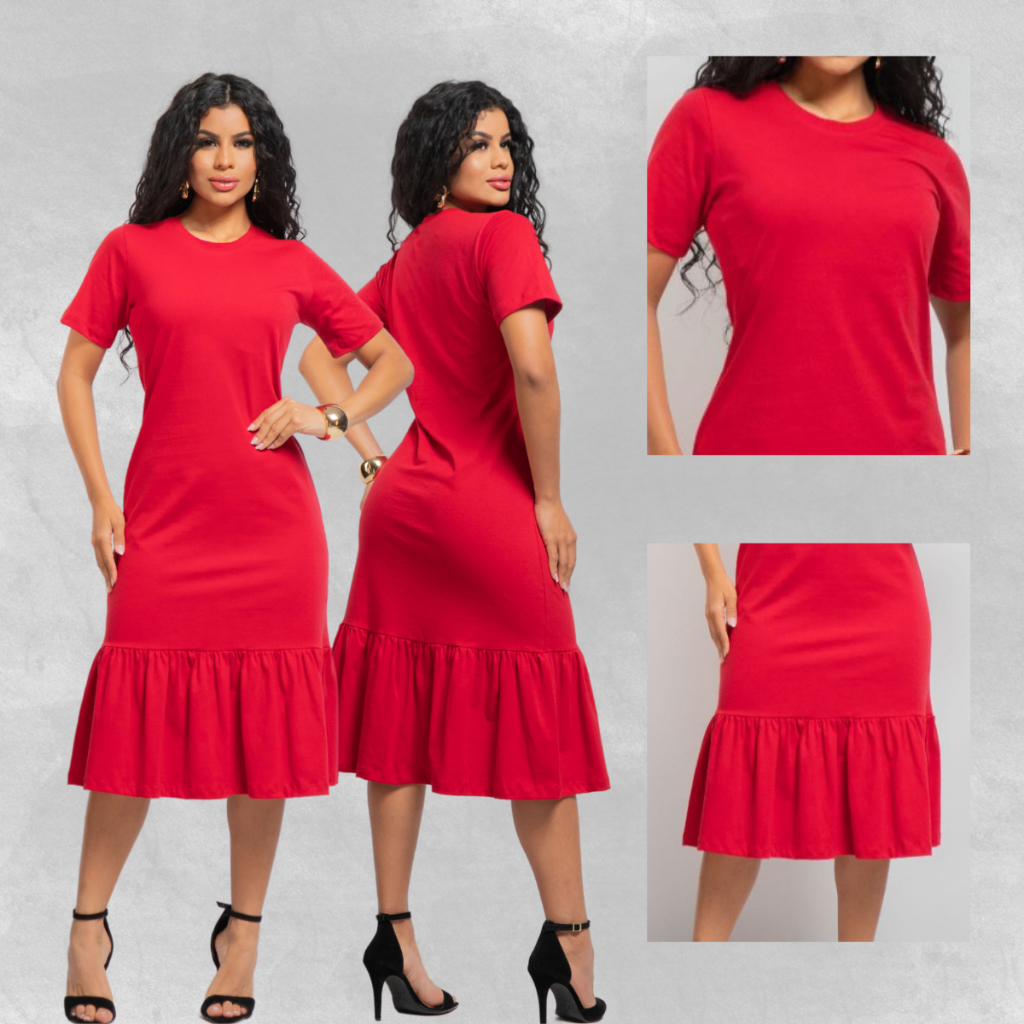 Vestido Midi Babado Feminino 100% Algodão Premium Casual em Oferta na Shopee