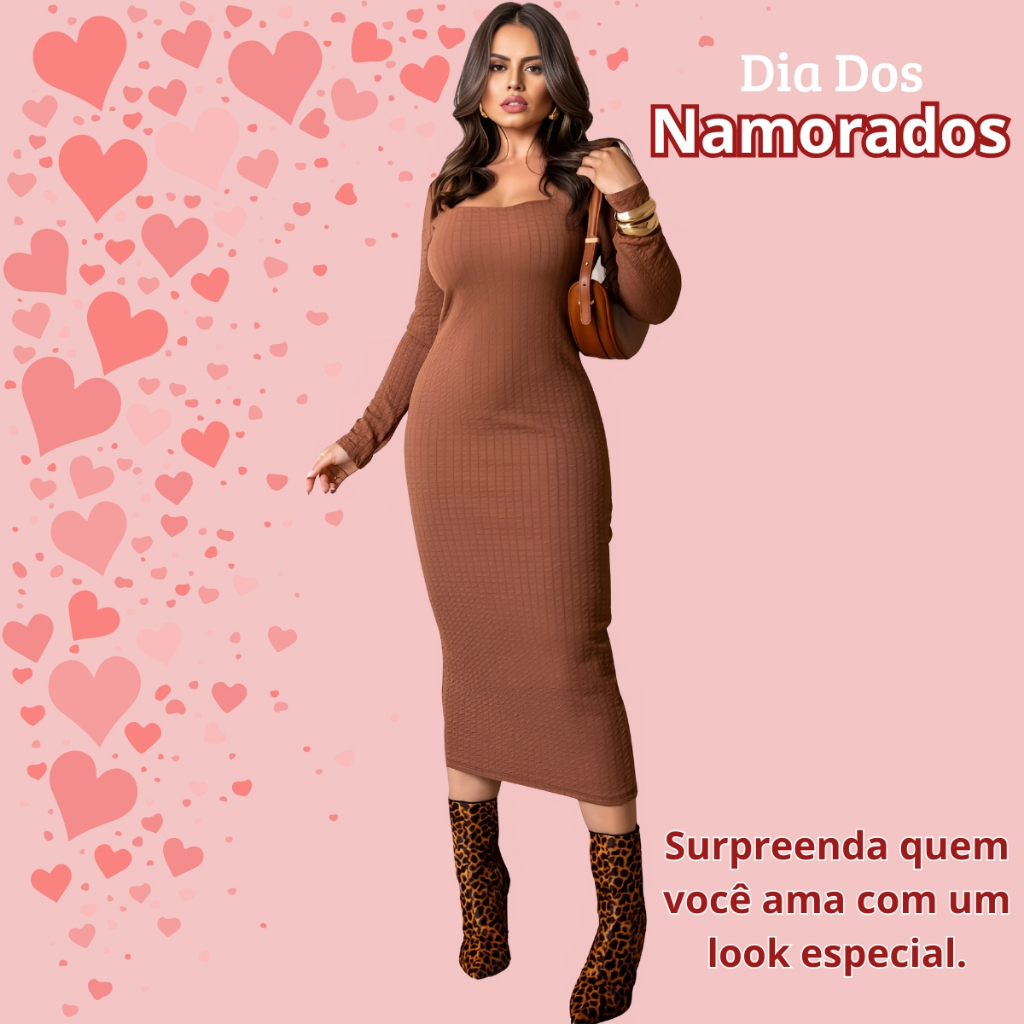 Vestido Longo Feminino Decote Quadrado Manga Longa Premium