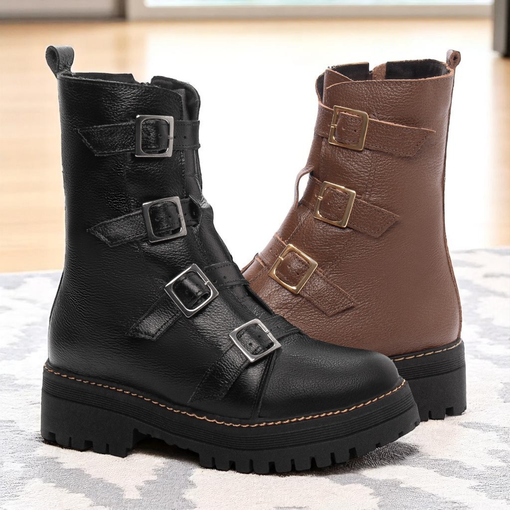 Coturno Feminino Tratorado Couro Legítimo Preto Marrom Fivela Bota Sola Tratorada Plataforma Luxo