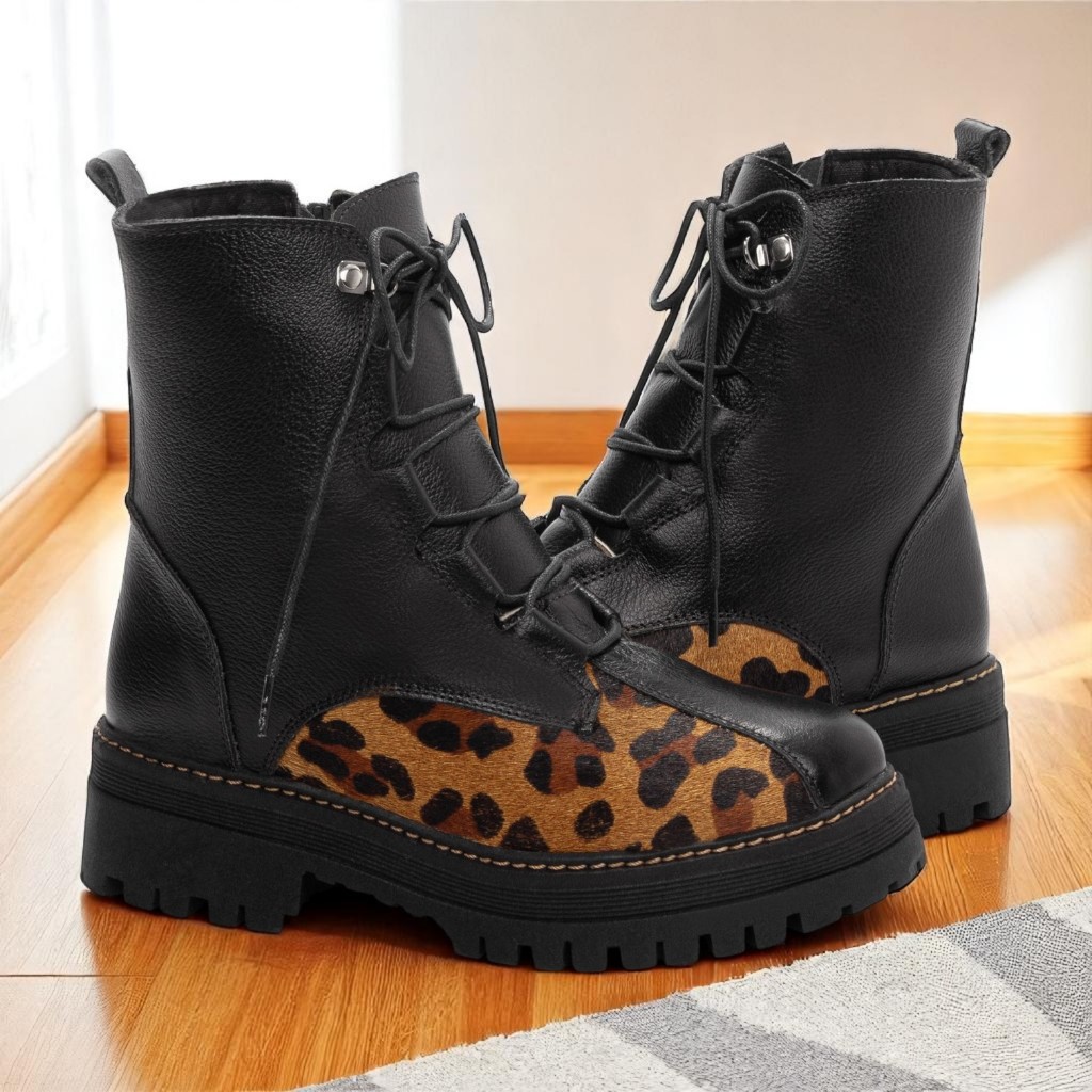 Coturno Feminino Tratorado Couro Original Preto Onça Plataforma Luxo Bota Sola Tratorada Torricella