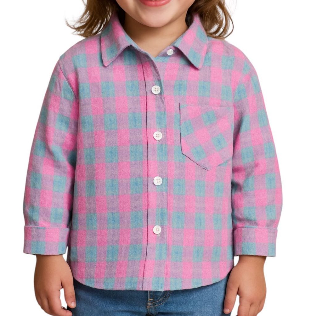 Camisa Manga Longa Xadrez Rosa e Azul Flanela/Flanelada Junina Roupa Infantil Menina Festa Arraial Caipira