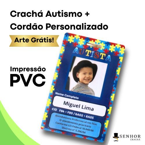 Crachá autismo, TDAH, autista, SUS + cordão personalizado + arte grátis