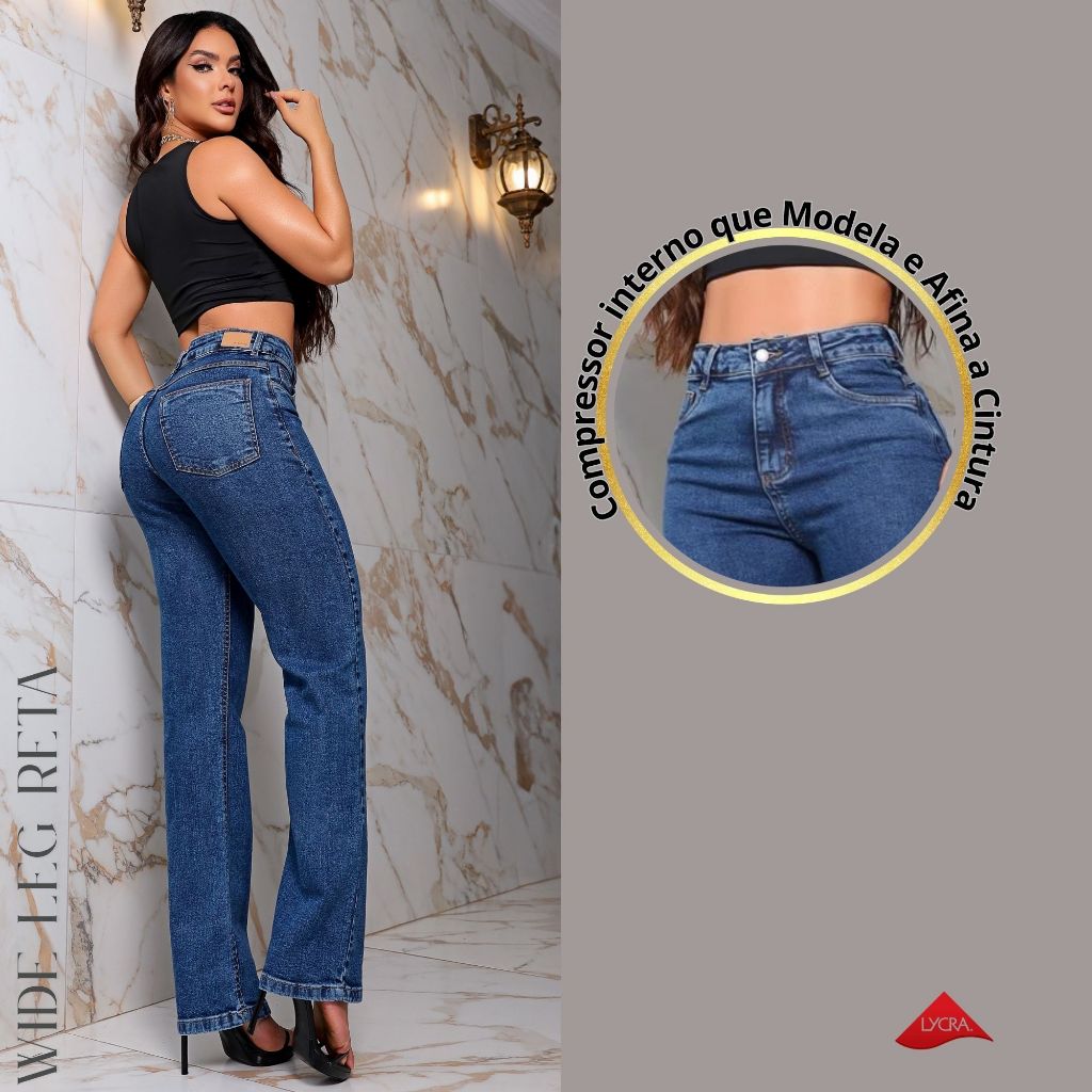 Calça Jeans Wide Leg Reta com Elastano, Modeladora com Compressor Interno e Cintura Alta Feminina