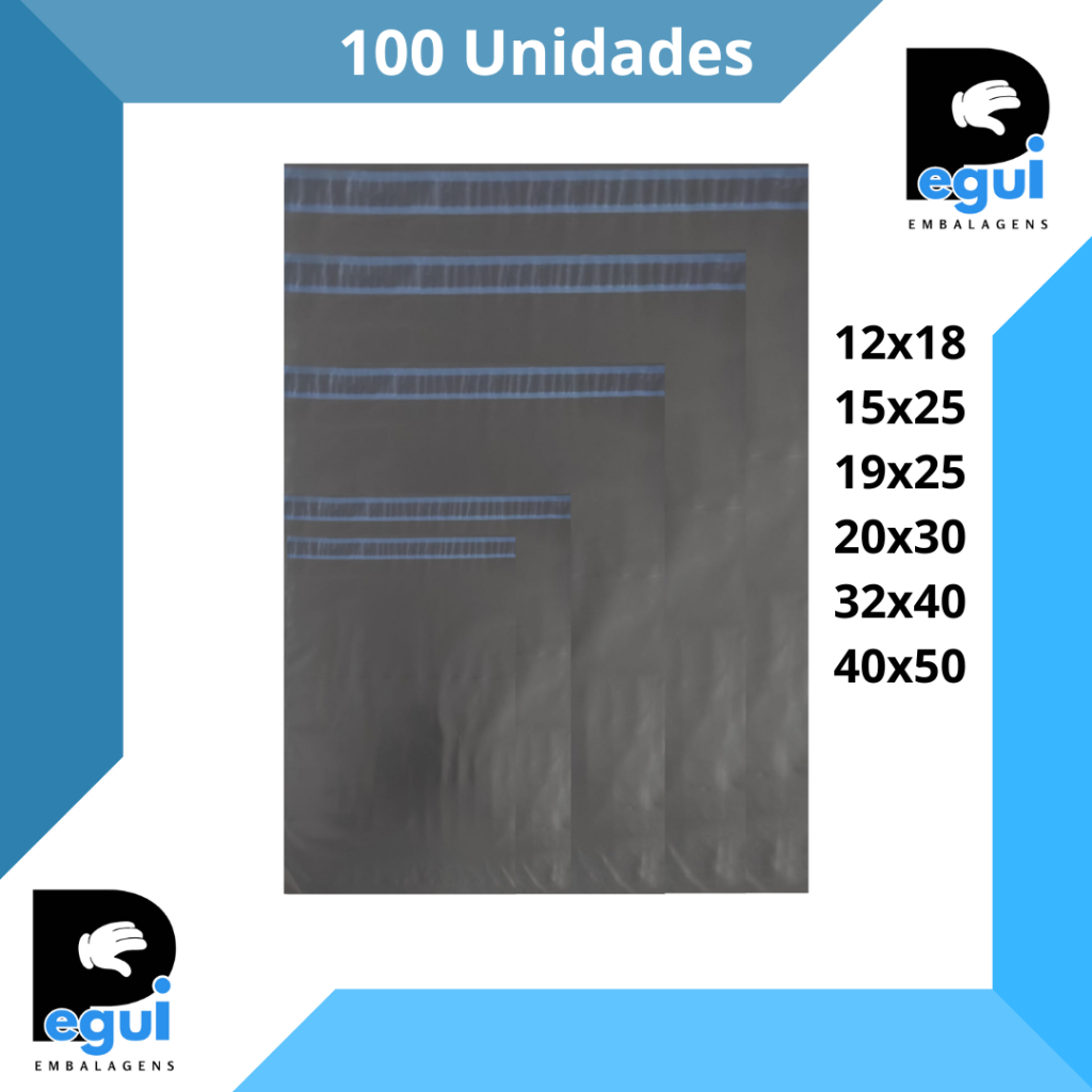 Kit 100 Envelope Segurança Plástico 12x18 15x25 19x25 20x30 26x36 32x40 40x50 Embalagem correio