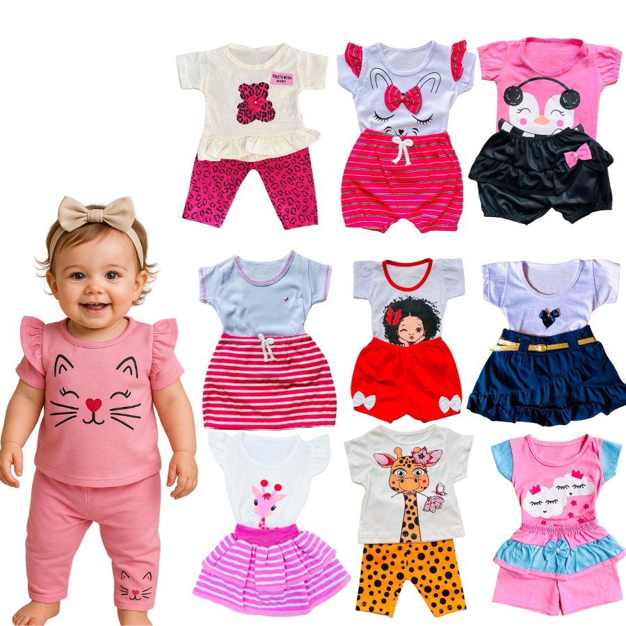 Kit Sortido 10 Peças Roupa de Bebê Menina -5 Camisetas e 5 Shorts- 5 Conjuntos Roupinhas Para Bebê Menina 0-6 M
