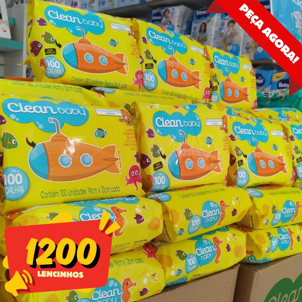 Kit 12 pacotes Lenços Umedecidos Clean Baby com 100 unidades toalha umedecida sem alcool atacado
