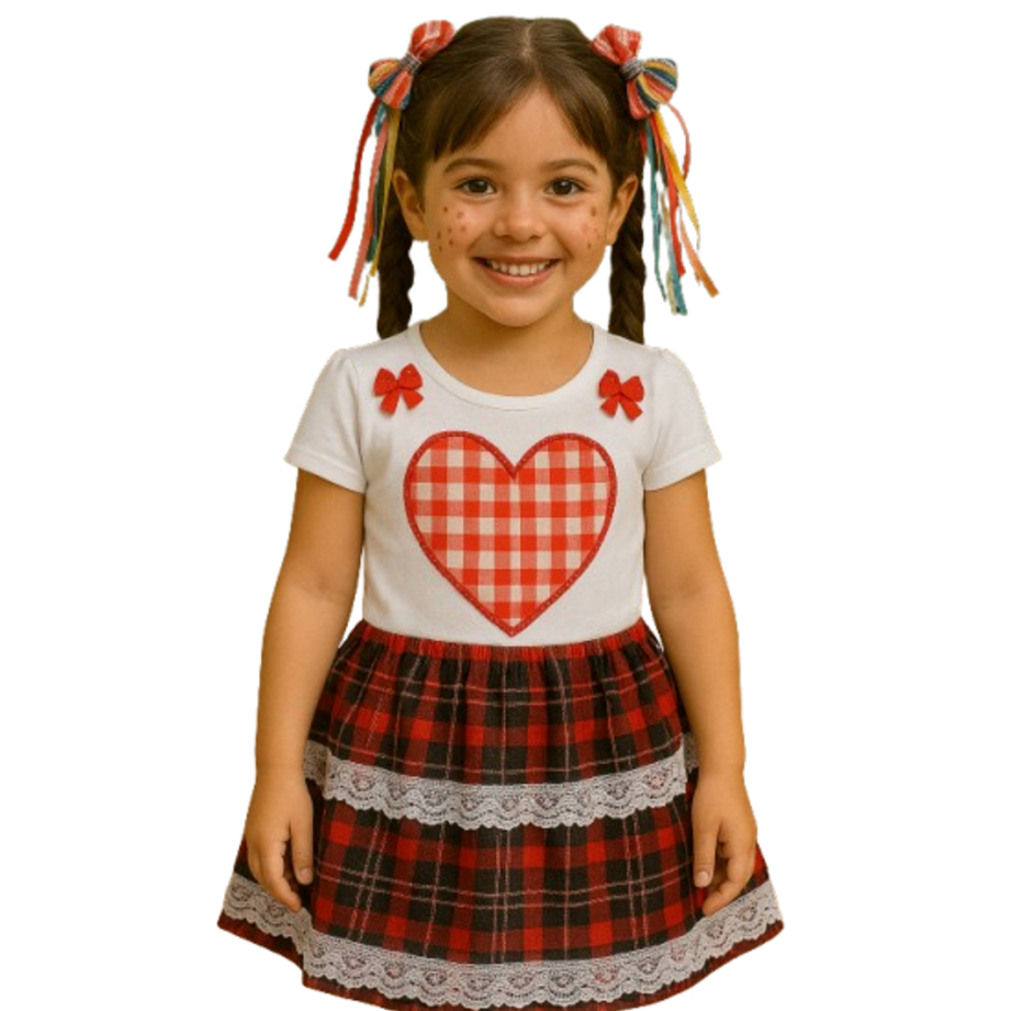 Conjunto para Meninas Festa Junina de 4 até 10 anos - Acompanha Body + Saia Xadrez + Laço de Cabelo
