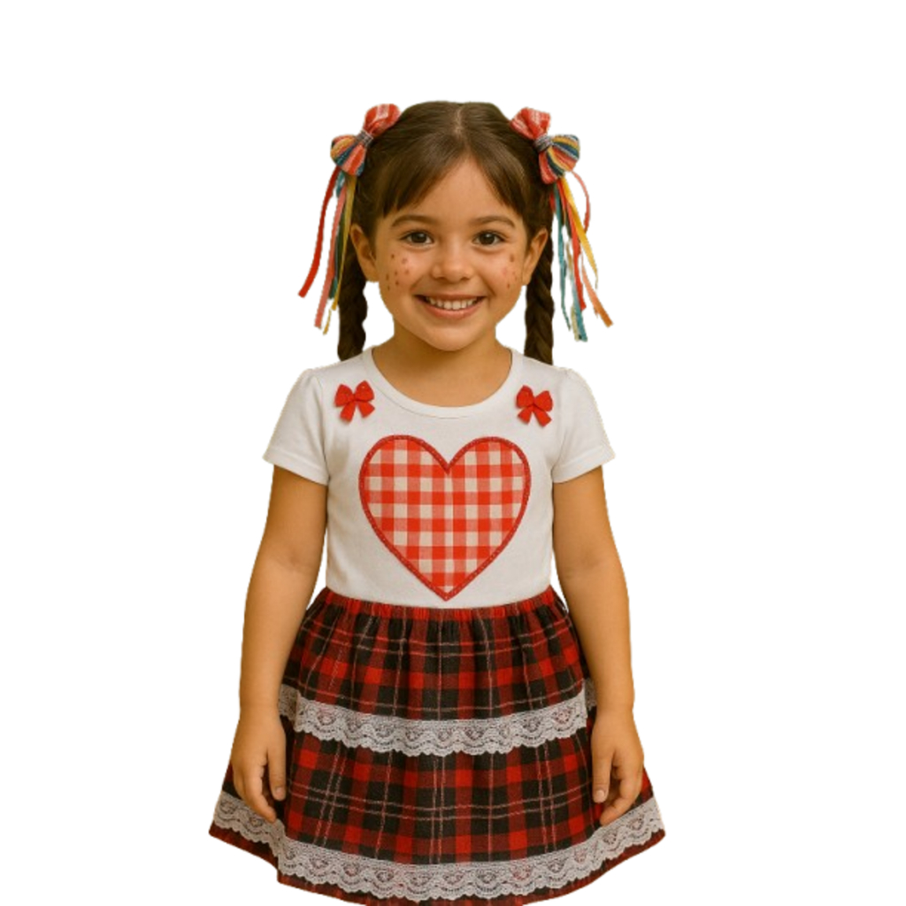 Fantasia de Festa Junina Xadrez Vermelho para Meninas de 4 até 10 anos com Body + Saia Xadrez + Laço