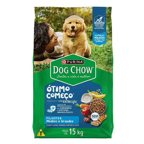 Dog Chow Ótimo Começo Ração Cães Filhotes Médios e Grandes Carne, Frango, Frutas e Leite - 15kg