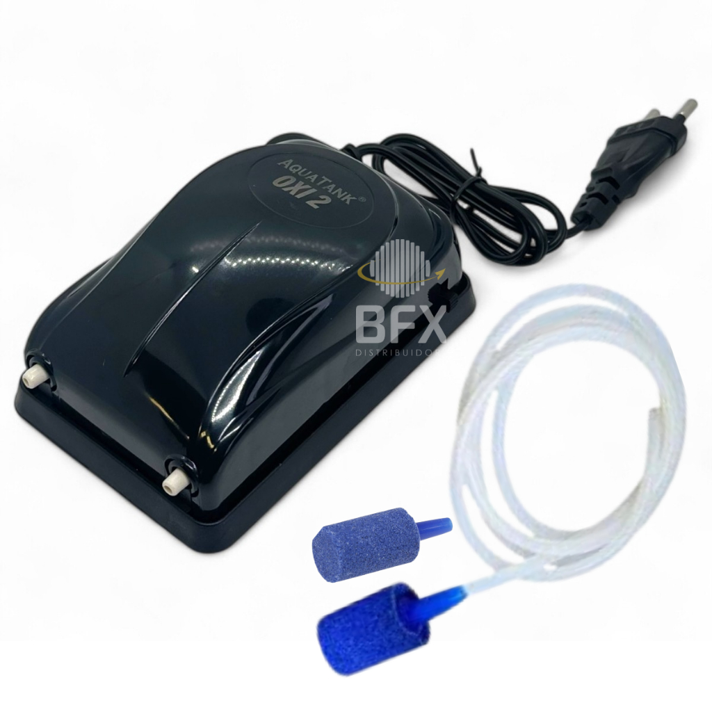 Kit Compressor de Ar 2 Saidas Oxigenador Aquario + 2M Mangueira + 2 Pedra Porosa Aquatank Original