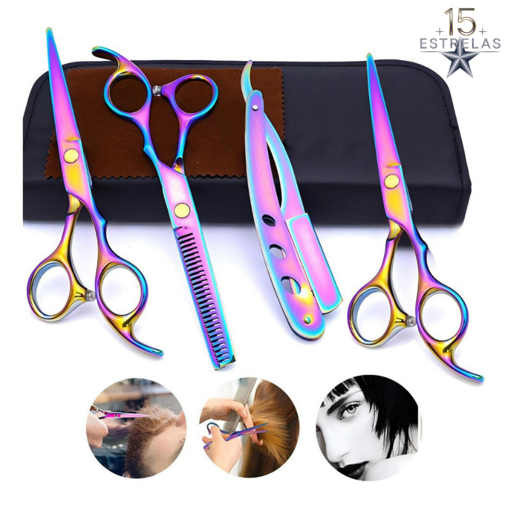 Kit 4 Tesouras Profissionais Fio Navalha e Desfiadeira para Cabeleireiro Corte de Precisão