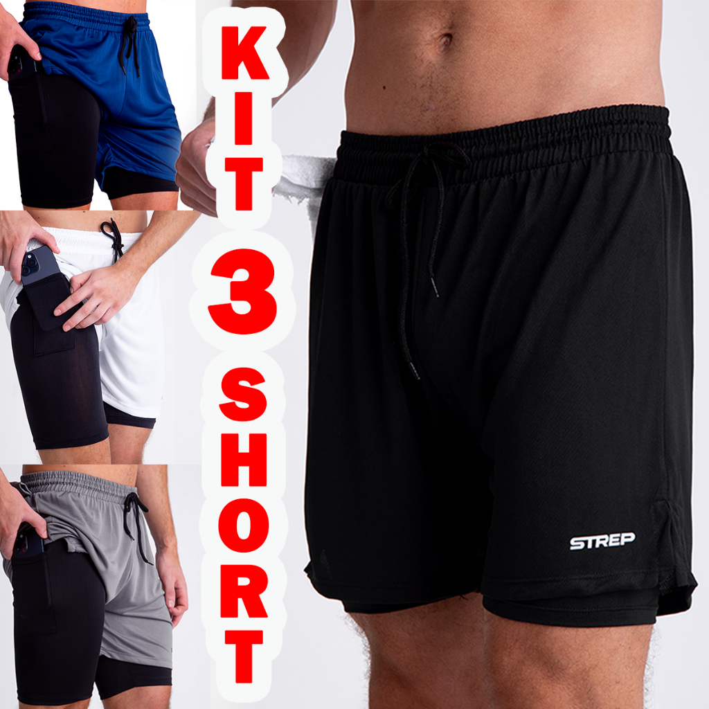 Kit 3 Short Duplo 2 em 1 Masculino Academia Treino Corrida Com Elastano