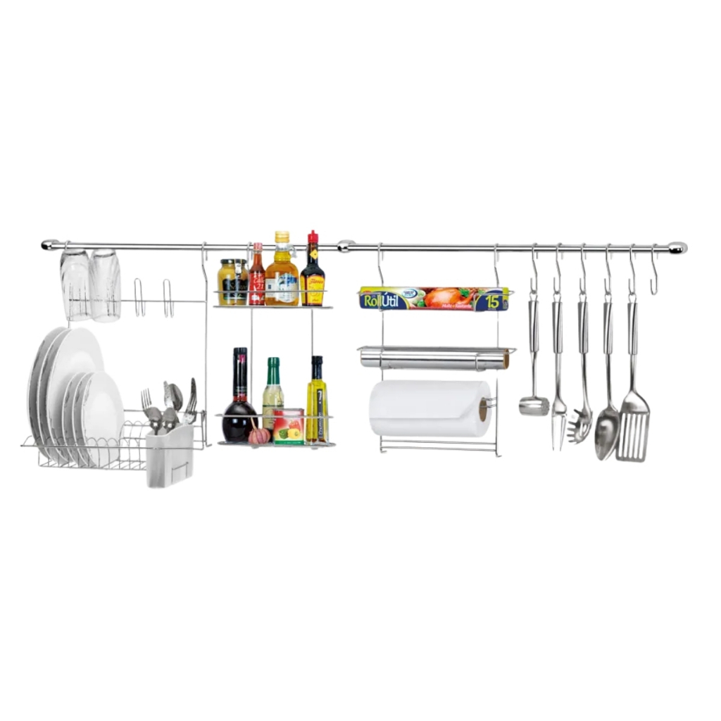 Conjunto Cozinha Suspensa Escorredor de Louças Porta Rolos Prateleira Cook Home 10 Cromado Arthi em Oferta na Shopee