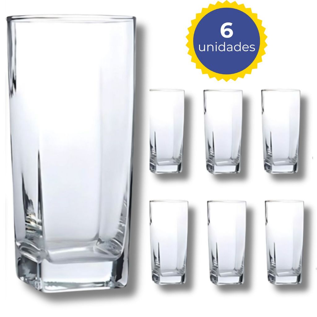 Jogo De 6 Copos Vidro Bali Quadrado Luxo Transparente 320ml
