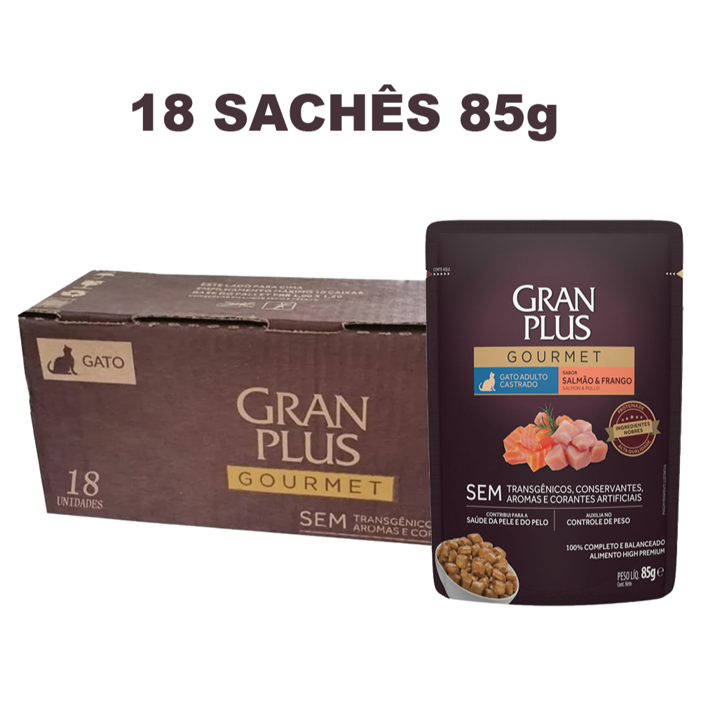 Sachê Gran Plus Gourmet Gatos Castrados Ração Úmida Sabor SALMÃO & FRANGO 18un de 85g cada