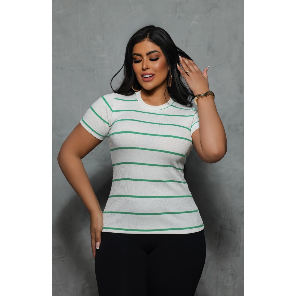 Blusa Camiseta Feminina Listrada Verde Gola Redonda Canelada e com mangas  Zaad T-Shirt Compre no Atacado Shopee