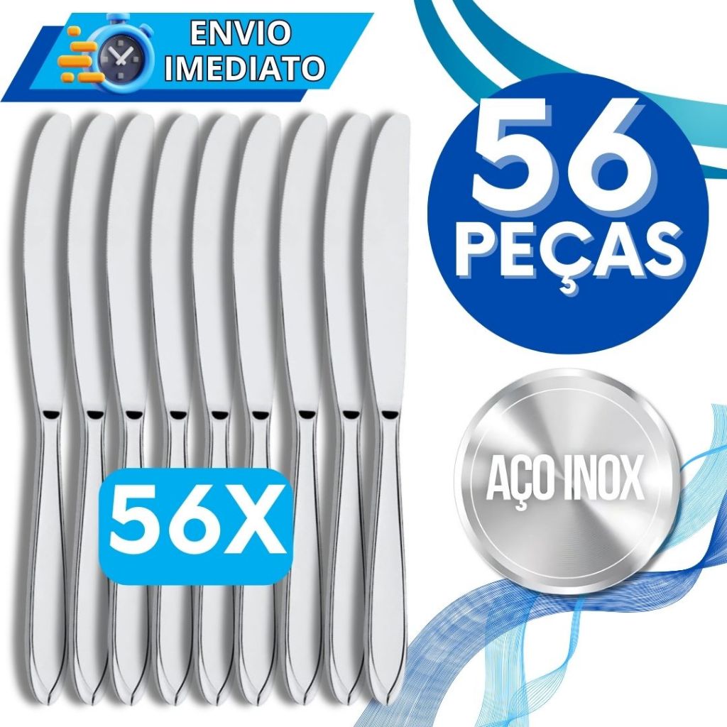 Jogo de Talher KIT 56 Faca Aço Inox Polido Resistente com Serra para Casa Cozinha Restaurante Bar Buffet Chuurascaria