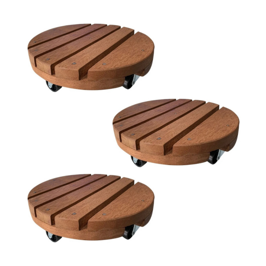 Kit 03 Carrinho Suporte Para Vaso 20cm 25cm 30cm Redondo Madeira Tratada Cedro