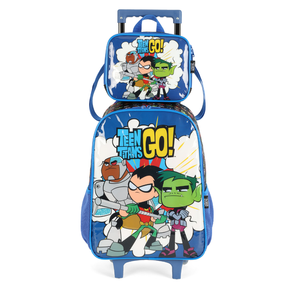 KIT MOCHILA DE RODINHA + LANCHEIRA TEEN TITANS / JOVENS TITANS / DC COMICS / LUXCEL