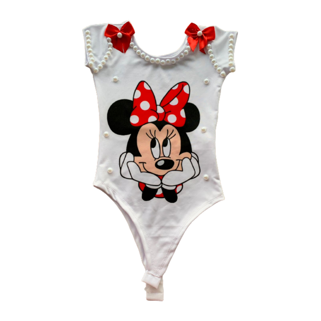 Body Infantil Minnie Vermelha Manga Curta com Pérolas e Laços