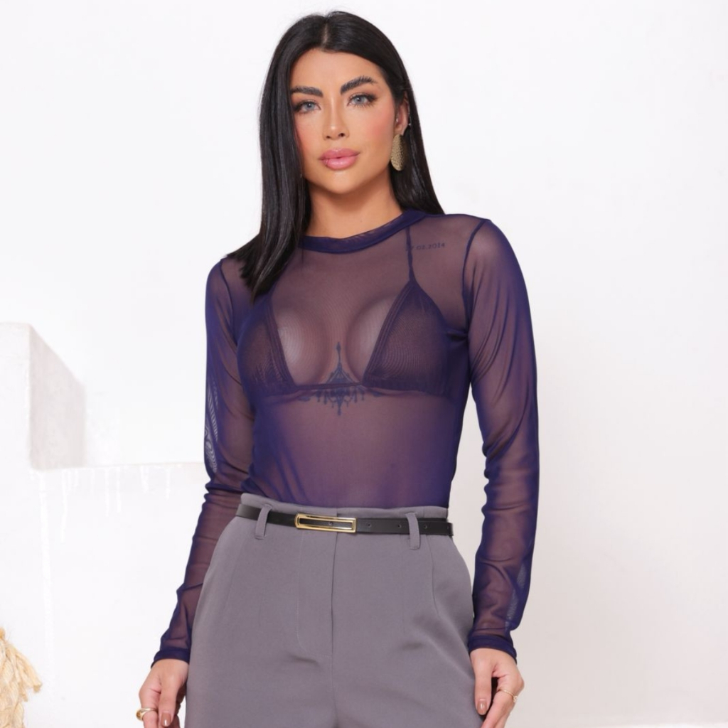 Body Feminino de Tule Transparente Azul Escuro Gola Baixa Redonda e Manga Longa Tendência Fashion