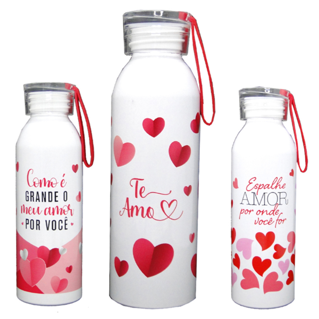 GARRAFA SQUEEZE DE ALUMINIO CORACAO COM TAMPA E ALCA DE SILICONE 550ML Dia dos namorados