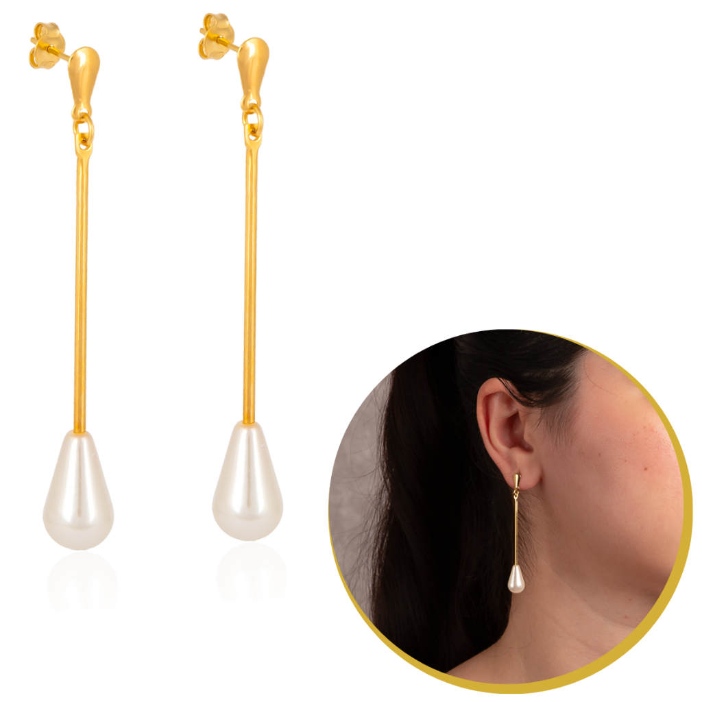 Brinco Feminino Pendurado Com Gota Pérola Banhada Festa