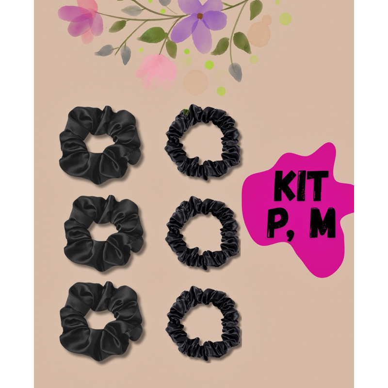Kit xuxinha de cetim preta, scrunchie de cabelo, xuxa, acessórios, anti-frizz, elástico, preto