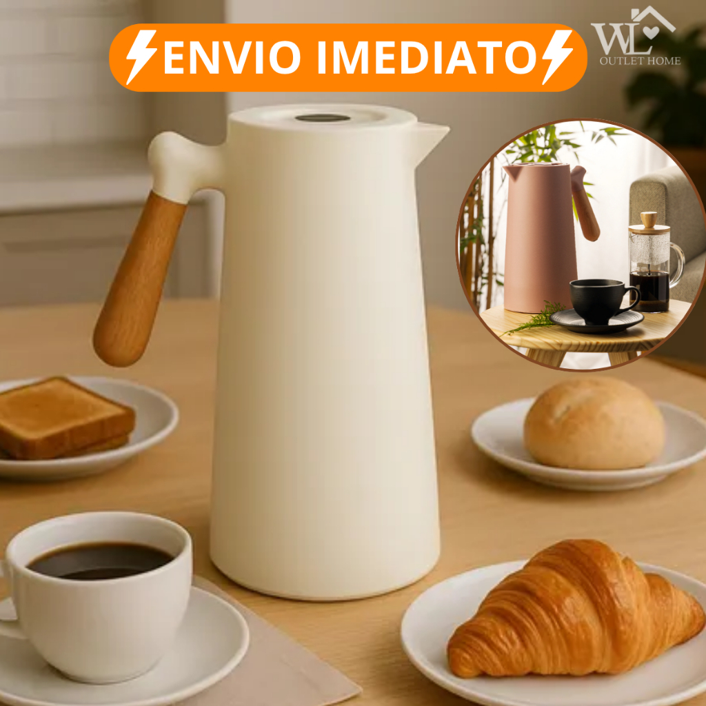 Garrafa Termica Plástico Cabo de Madeira 1L Cabo Madeira Café Branca ou Nude