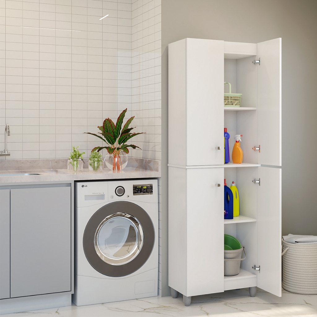 Armário Multiuso 4 Portas 184cm Parede | Suspenso ou com Pés Lavanderia Cozinha Área de Serviço Quarto Organizador
