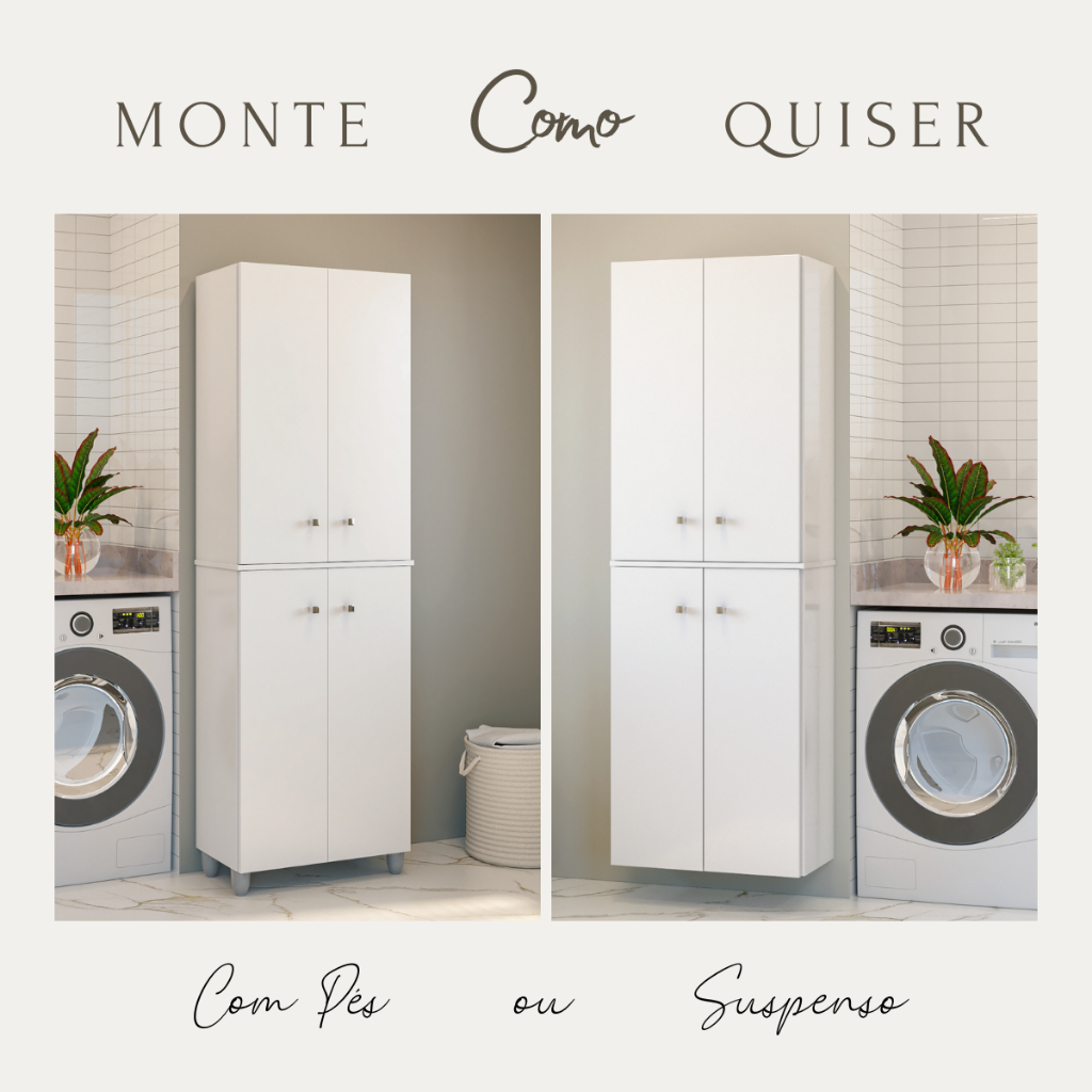Armário Multiuso Parede 4 Portas 184cm | Suspenso ou com Pés | Lavanderia/Cozinha em Oferta na Shopee
