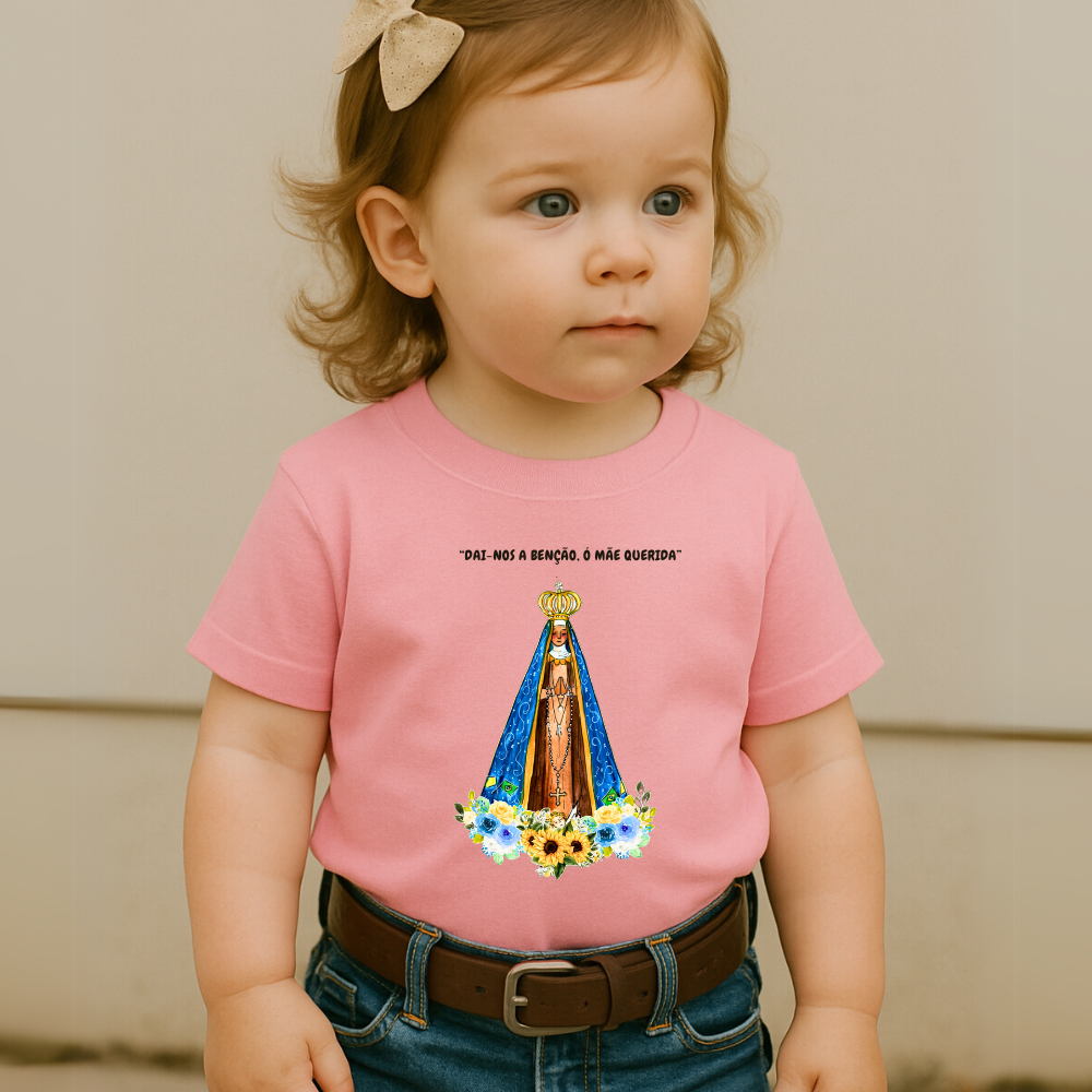 Camiseta Infantil Country Estampa Dai Nos A Benção Nossa Senhora Aparecida Manga Curta 100 % Algodão