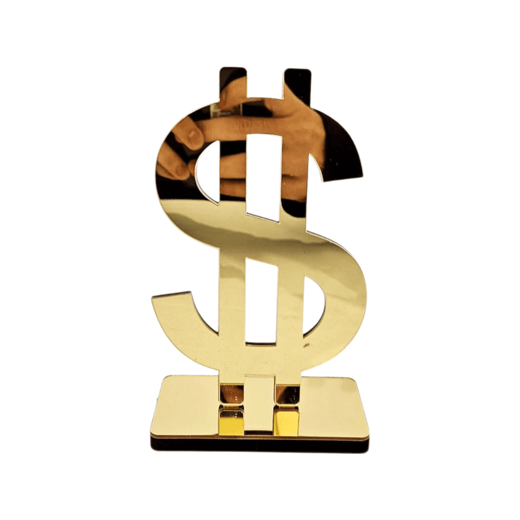 Cifrão Decorativo Acrílico Espelhado Dourado - Decoração Sala Escritório Luxo Elegante