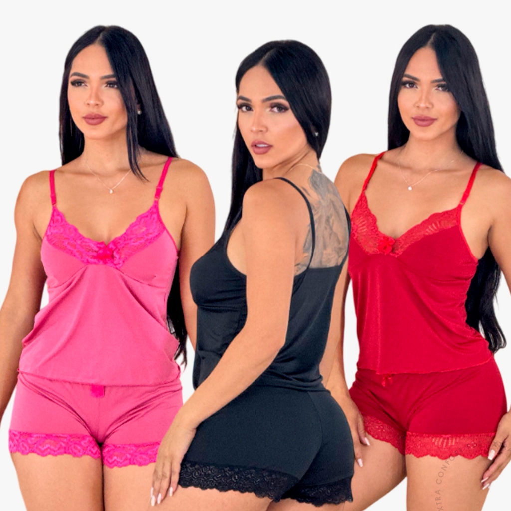 Kit 3 Baby Doll Short Doll  Conjunto Pijama Feminino Sexy Renda Luxo