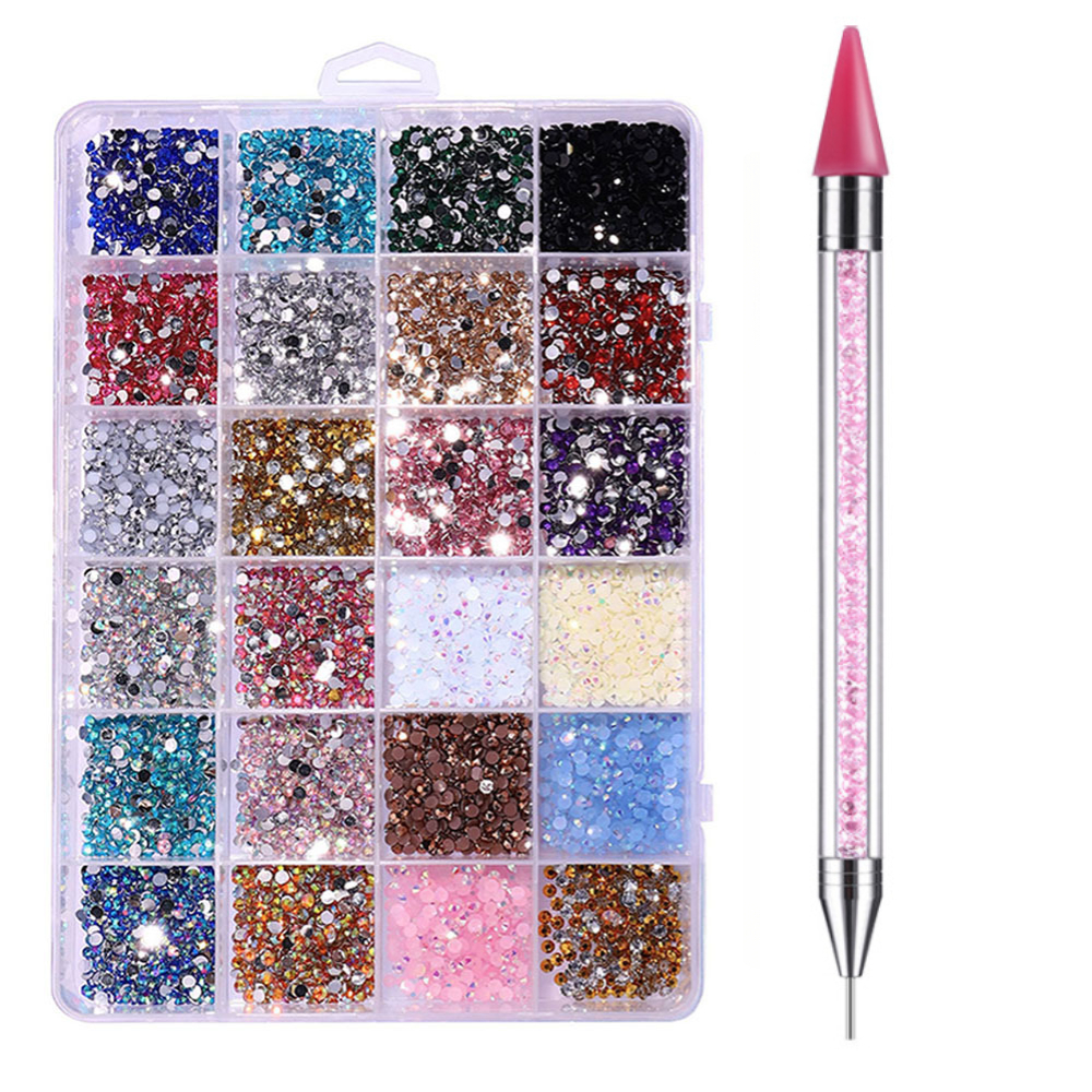 Kit Completo de Caixa 24 Potinhos Strass para Nail Art com Caneta Strass