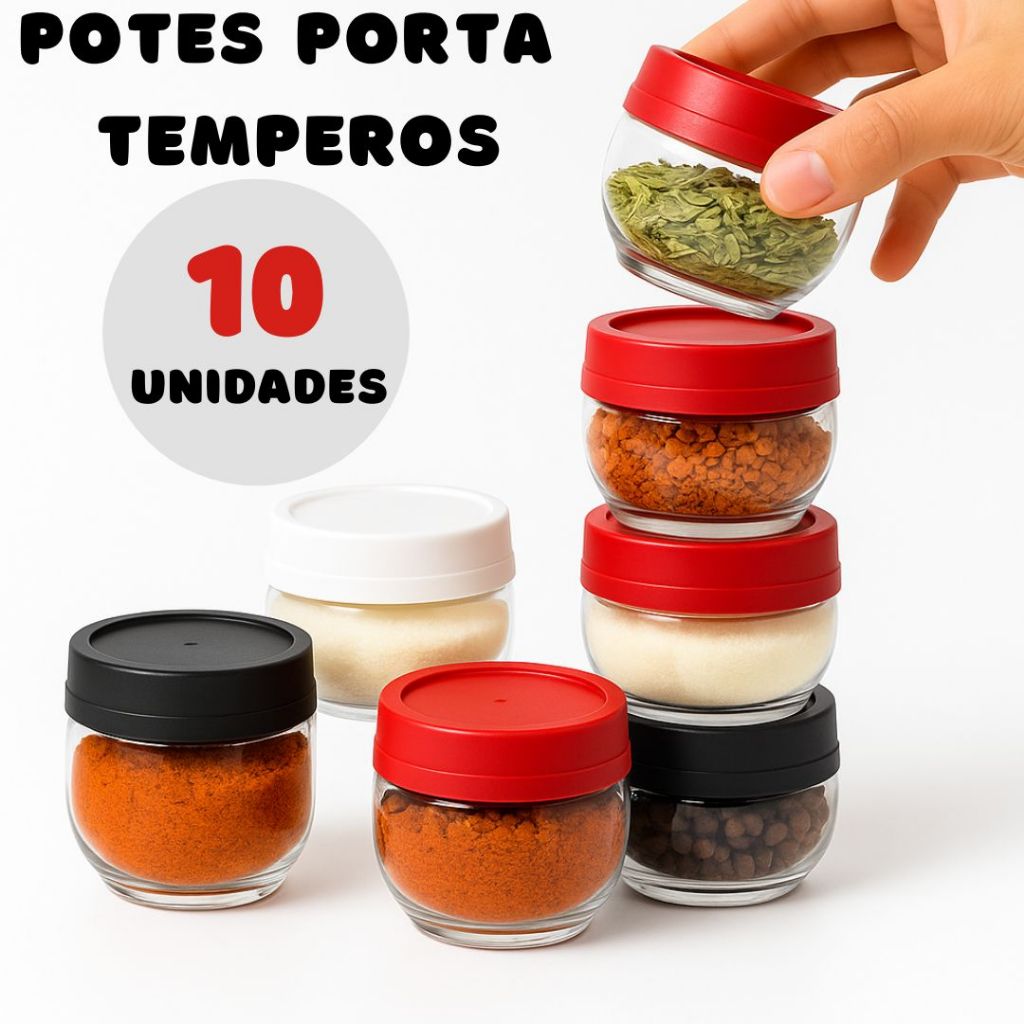 Porta Tempero Empilhável Kit 10 Potes 155ml Organizador De Condimentos Gire e Trave C/Tamp...