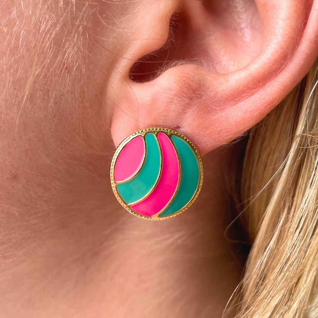 Brinco Grande Colorido Rosa e Azul Esmaltado Banhado a Ouro 18k