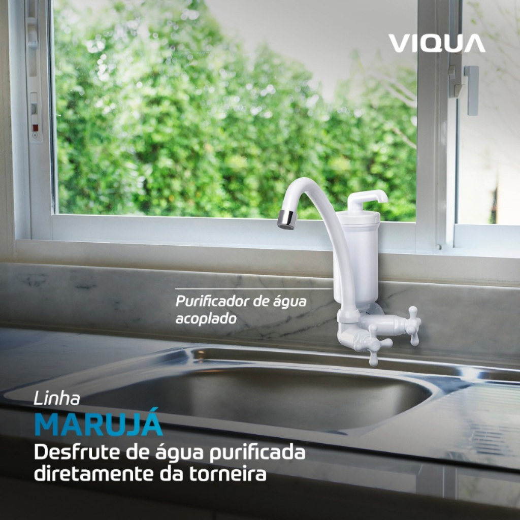 Torneira Filtro Branca Bica Móvel Parede Marujá VIQUA ABS Arejador Tripla Filtração