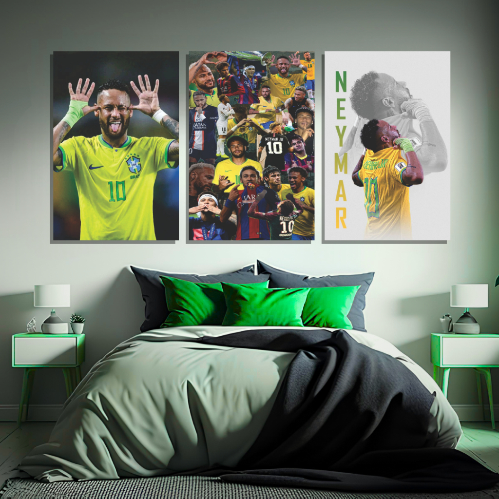 Kit 3 Quadros Neymar Jr Seleção Brasileira Decorativo Alta Qualidade