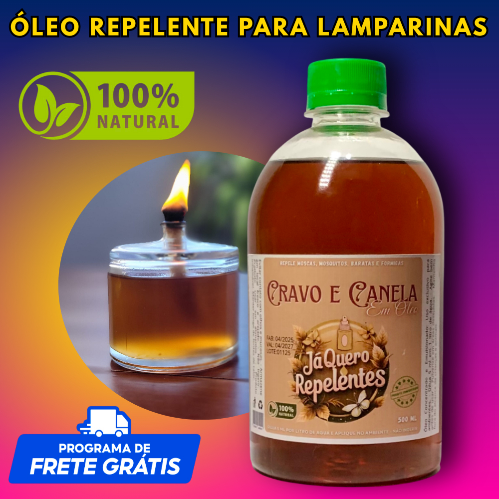 ÓLEO CRAVO E CANELA REPELENTE DE INSETOS 1X500ML+ LAMPARINA DE VIDRO 100ML