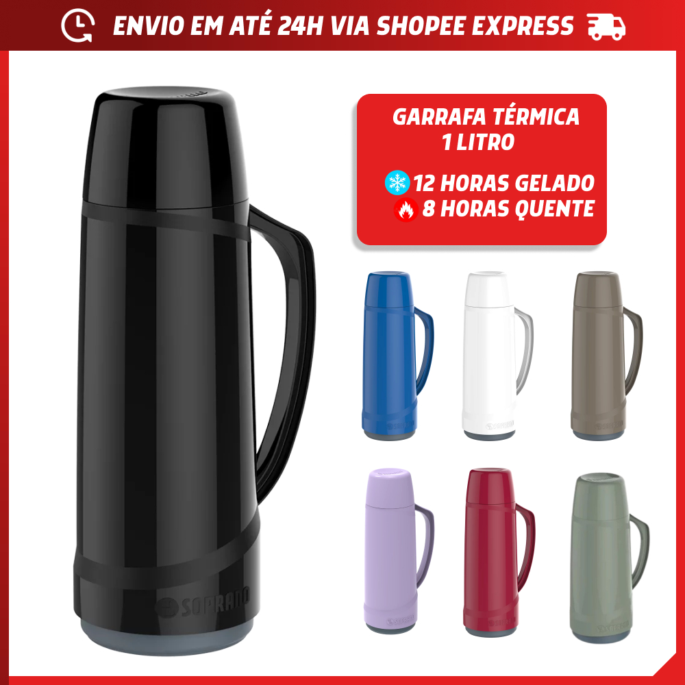 Garrafa Térmica 1 Litro café chá Soprano 24 Horas Quente Garantido Diversas Cores