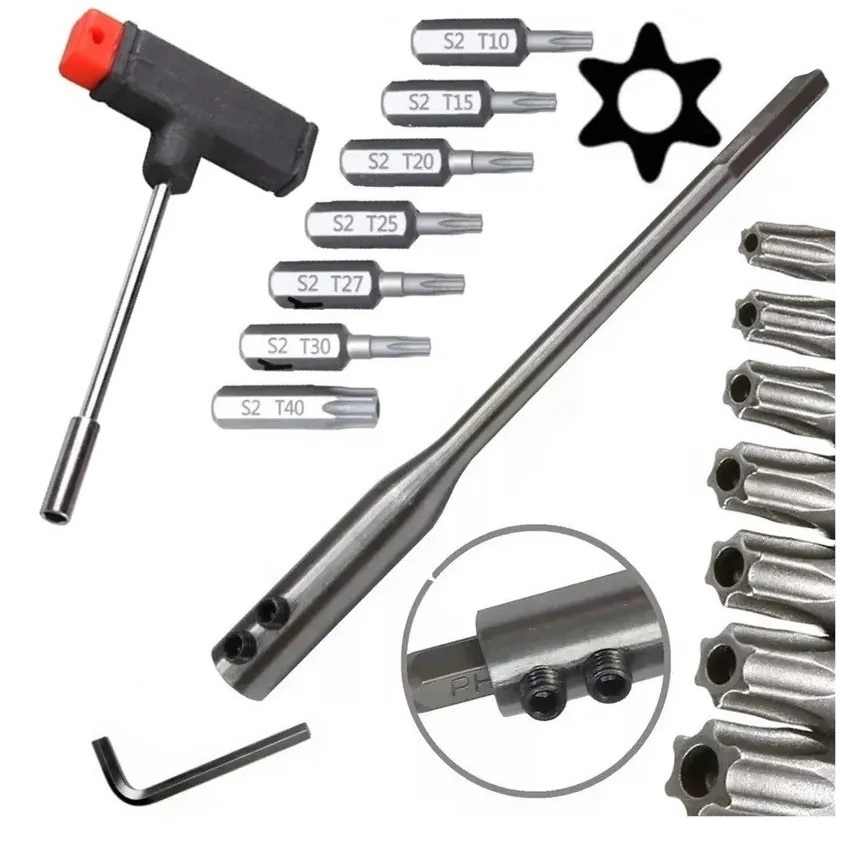 Jogo bits torx + Suporte 1/4 X 152mm parafusadeiras + Chave T uso manual