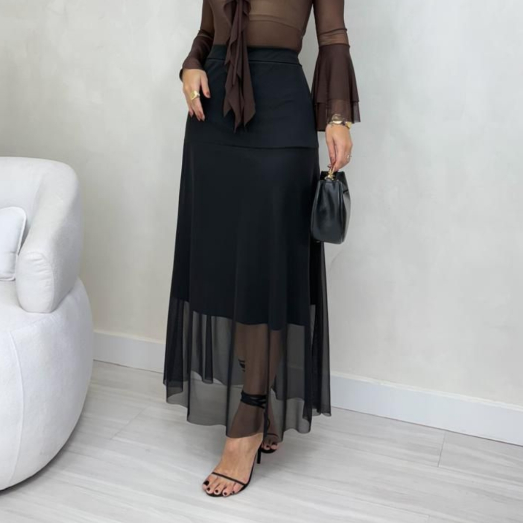 Saia Feminina Midi Longa de Tule Transparente Liso Forrado Moda Elegante