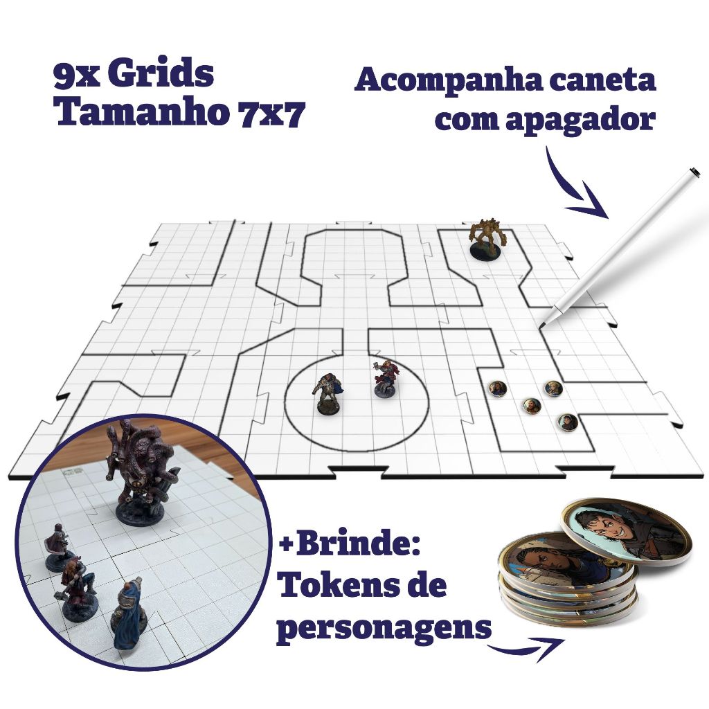 Kit Grid riscável RPG com tokens e caneta Para RPG D&D Tormenta Ordem paranormal Grid de batalha