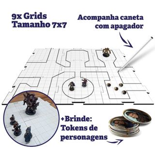 Kit Grid riscável RPG com tokens e caneta Para RPG D&D Tormenta Ordem paranormal Grid de batalha