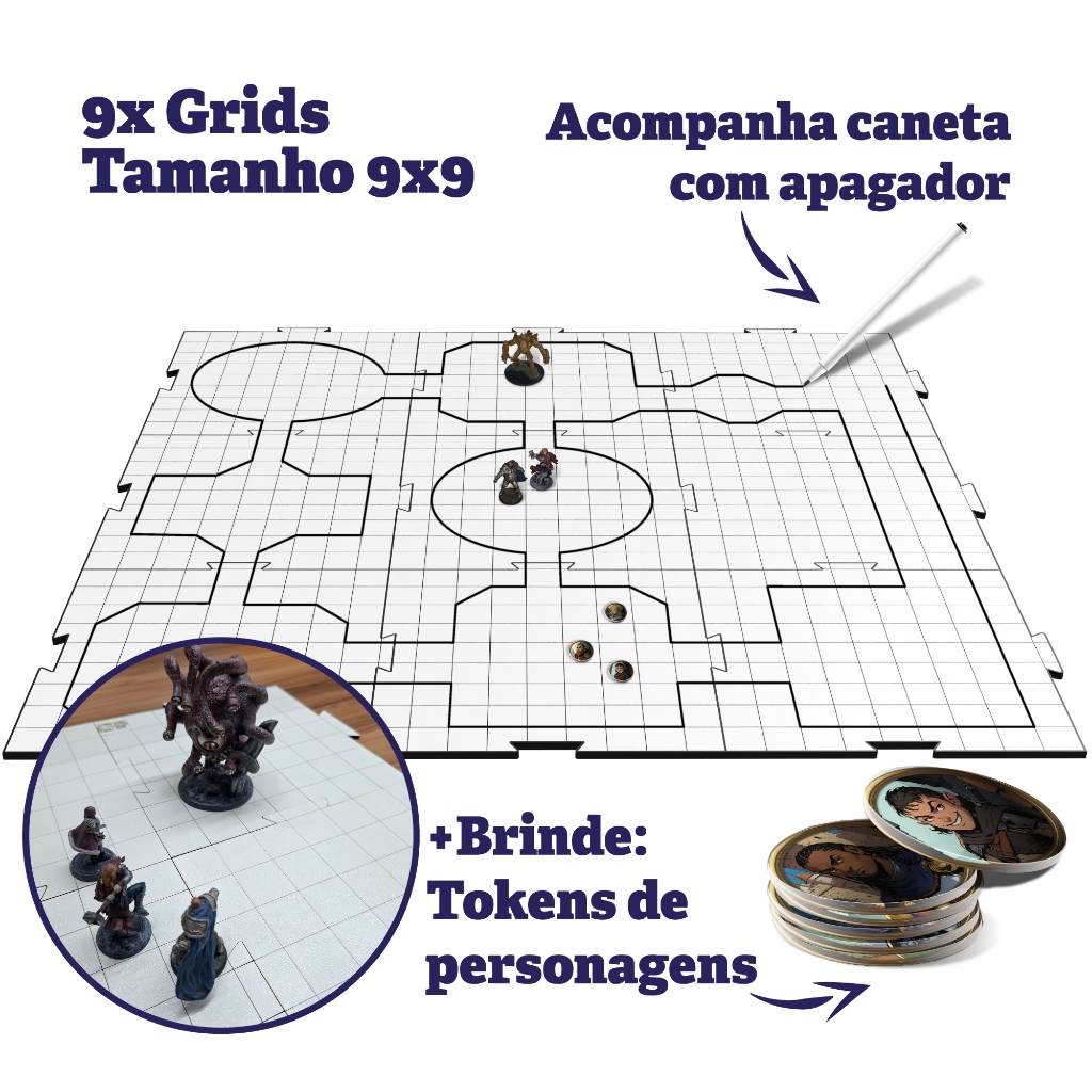 Kit RPG de mesa com Grid riscável, tokens e caneta D&D Tormenta Ordem paranormal Grid de batalha
