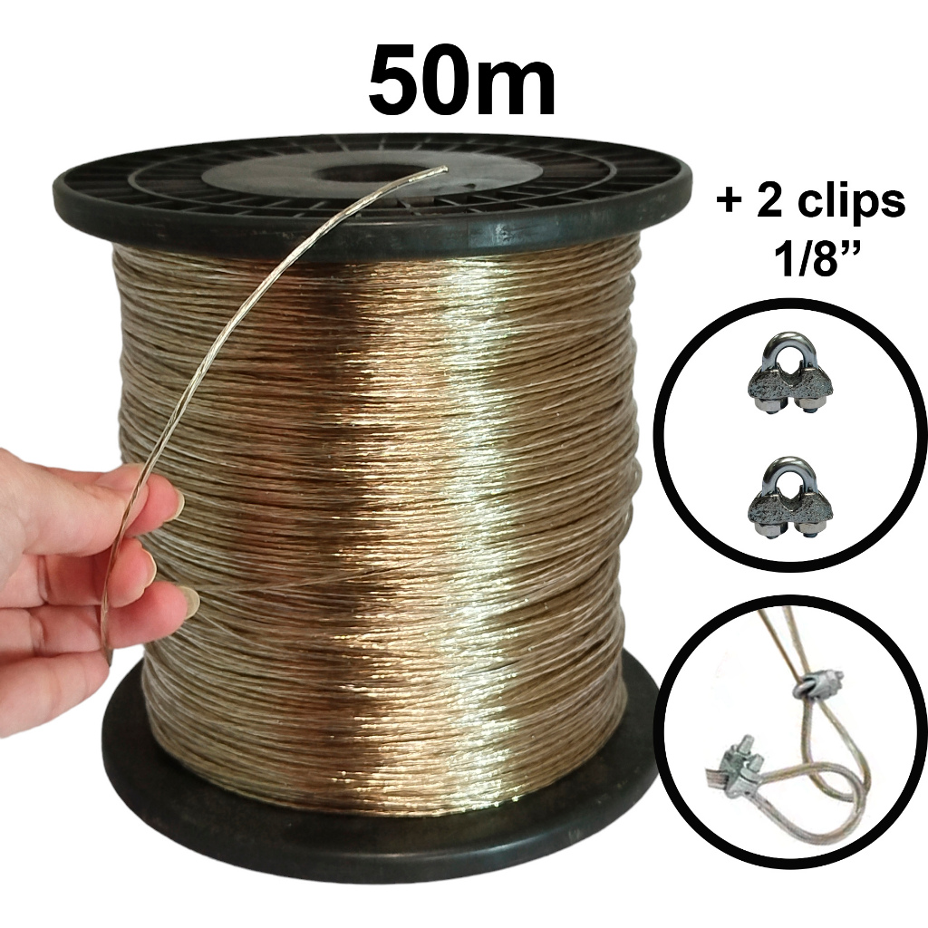 BOBINA 50M CABO DE AÇO REVESTIDO CORDA VARAL + 2 CLIPS AMARRAÇÃO SUSTENTAÇÃO ANTENAS LONAS ESTEIRAS