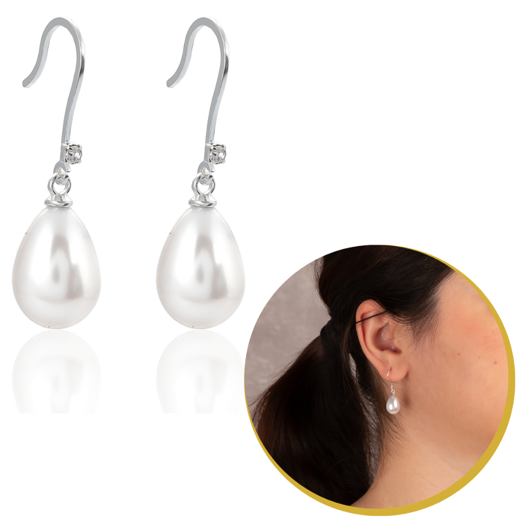 Brinco Feminino Gancho Pendurado Com Gota Pérola E Zircônia Cor Prata