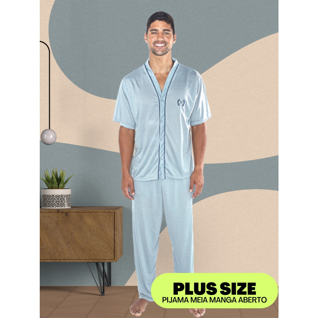 Pijama Masculino Adulto Plus Size Longo Manga Curta Com Calça Aberto Botão em Oferta na Shopee