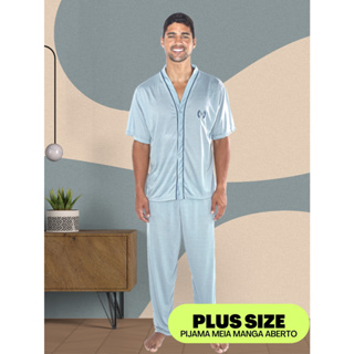 Pijama Masculino Adulto Plus Size Longo Manga Curta Com Calça Aberto Botão em Oferta na Shopee